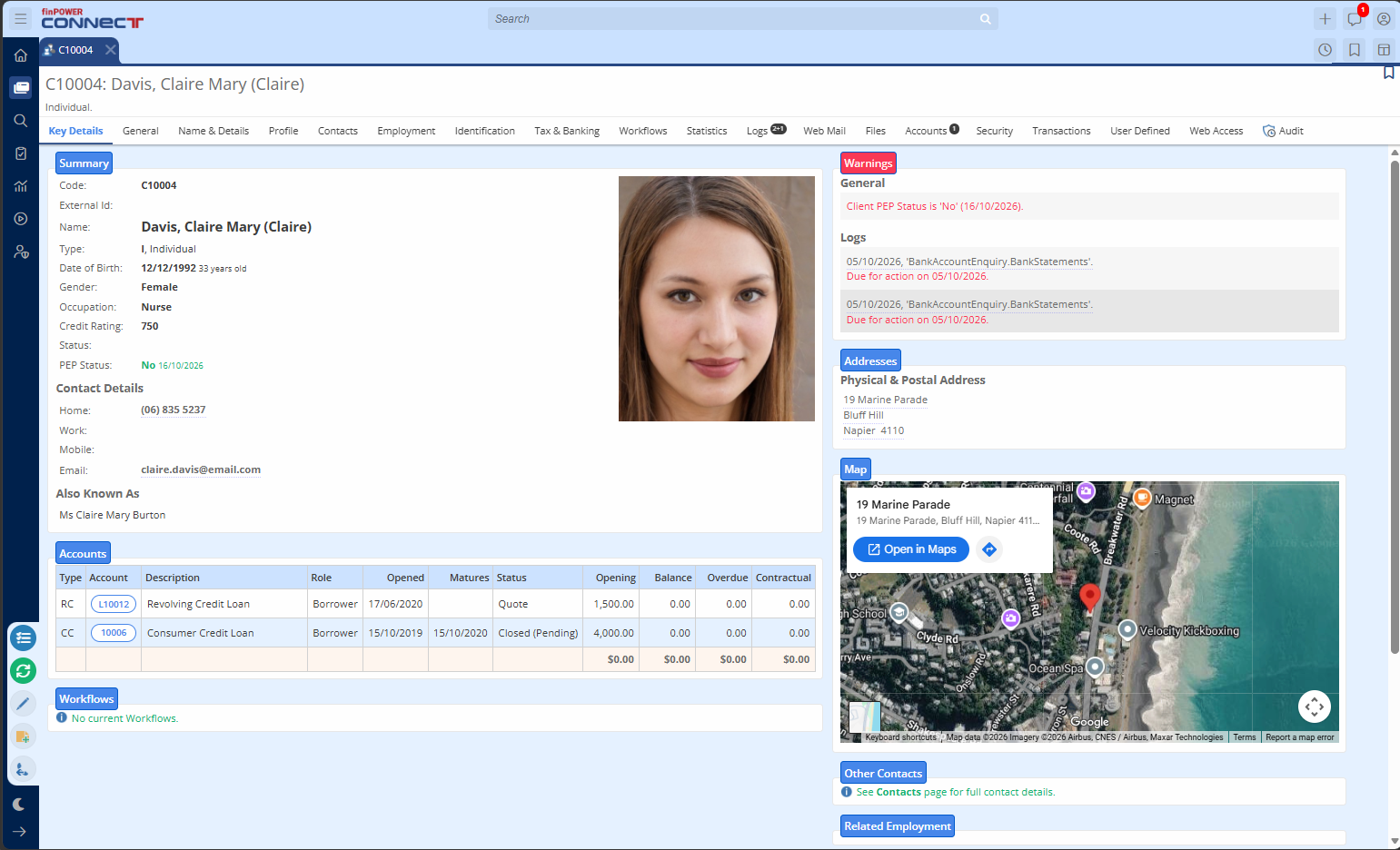 A client record in finPOWER Connect Cloud.
